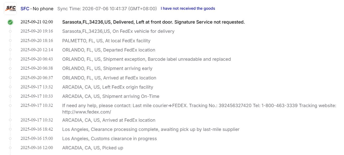 Goods transportation delivery record for the Sarasota project
