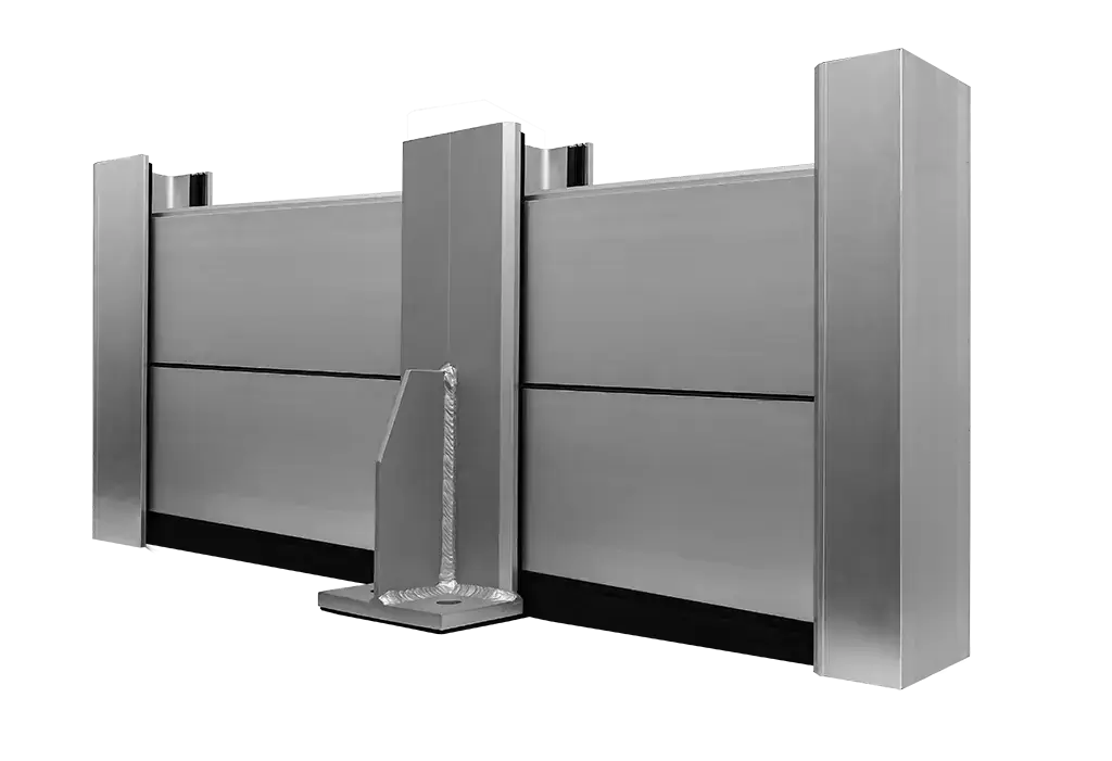 Aluminum flood barrier system with panels, side posts and center supports for protection heights up to 78.74 in