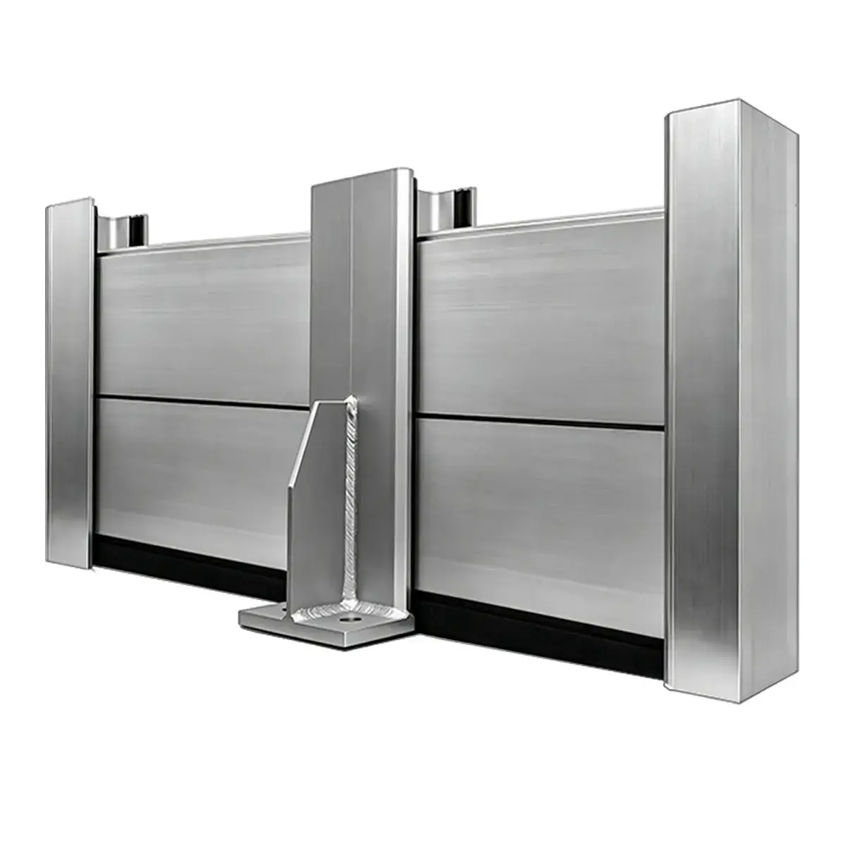 Aluminum flood barrier system with panels, side posts and center supports for protection heights up to 118.11 in